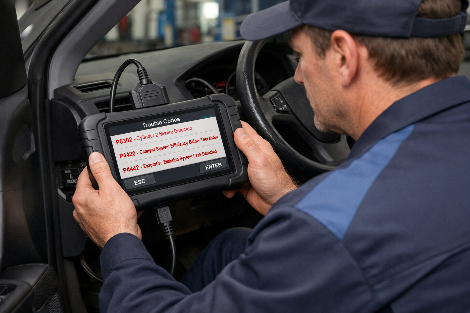 Teknisyen diagnostik cihazi ile arac kontrolu yapiyor